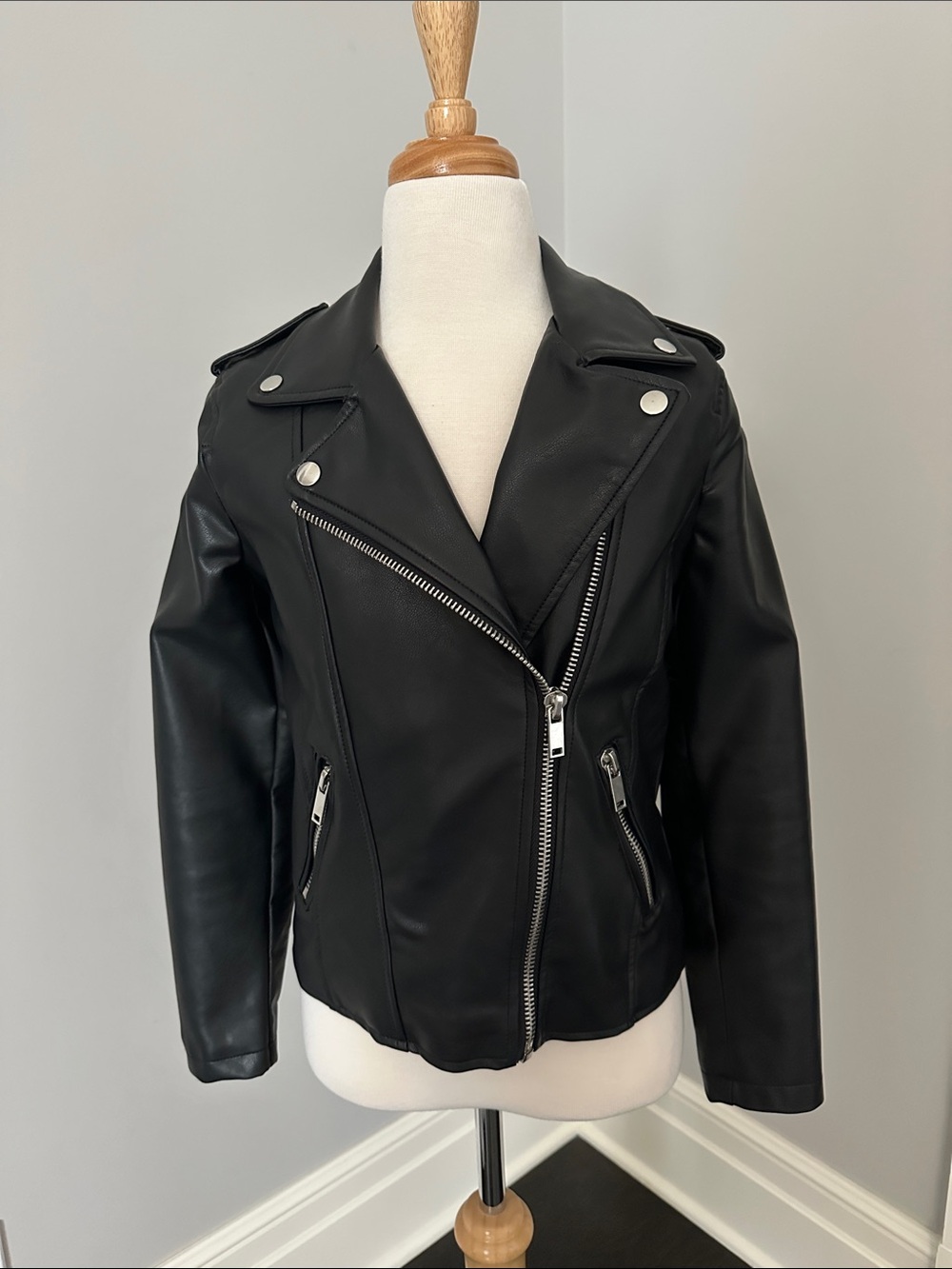 Black Faux Leather Motorcycle Jacket with Dark Angel Wings. Girls 11-12.